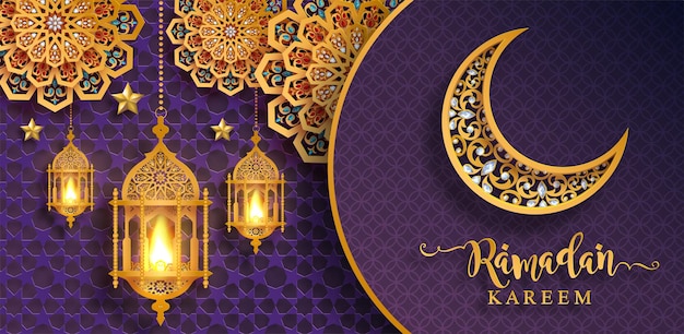 ベクトル ラマダンカリーム、ラマダンまたはイードムバラクイスラム教徒の挨拶の背景紙の色の背景に金の模様と結晶でイスラム教。（翻訳：ラマダンカリーム）
