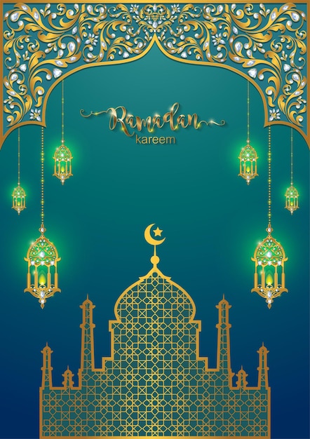 ラマダンカリームラマダンまたはイスラム教徒のイードムバラクの挨拶の背景紙の色の背景に金の模様とクリスタルでイスラム教翻訳ラマダンカリーム