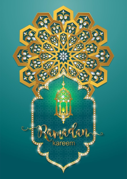 ベクトル ラマダンカリームラマダンまたはイスラム教徒のイードムバラクの挨拶の背景紙の色の背景に金の模様とクリスタルでイスラム教翻訳ラマダンカリーム
