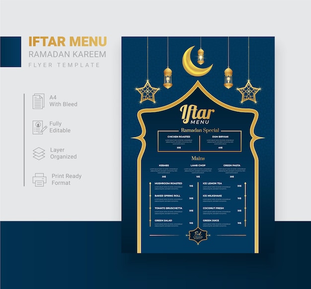 Vettore modello di menu iftar realistico di ramadan kareem