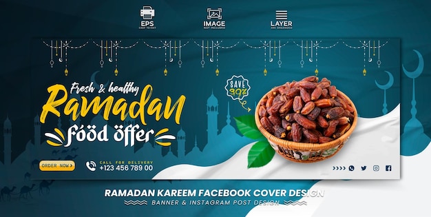 Il delizioso design del banner alimentare di ramadan kareem e il design della copertina di facebook modello vettore premium