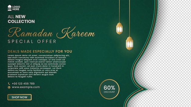 Ramadan kareem sale banner social media post with islamic arabic pattern and lanterns