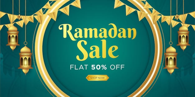 Vector ramadan kareem sale banner web header design with hanging intricate lanterns template