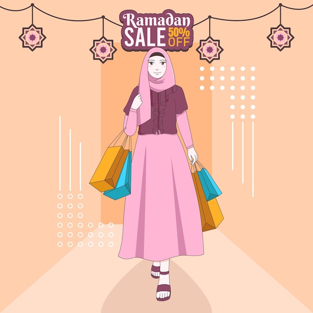 Vector ramadan kareem sale with muslim woman wearing hijab character illustration