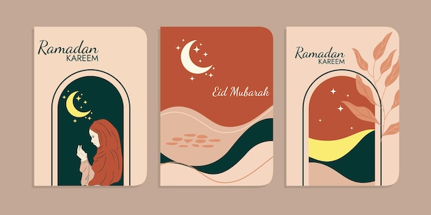 Рамадан карим установил обложку плаката или пригласительного плоского дизайна женщины в хиджабе, исламского фонаря, звезды