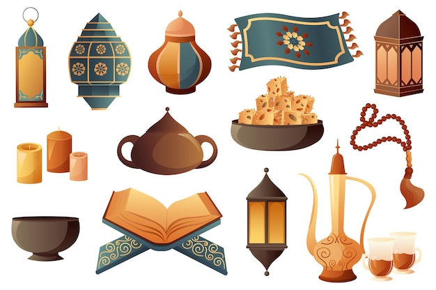Ramadan kareem ambientato in design piatto fascio di diverse lanterne e lampade tappeto candele rosario