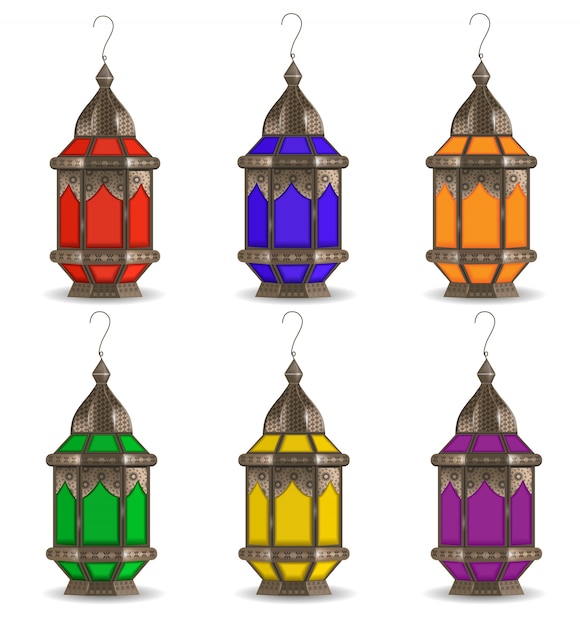 Ramadan Kareem set of multicolored lanterns, isolated on white background. Realistic 3D lamp.