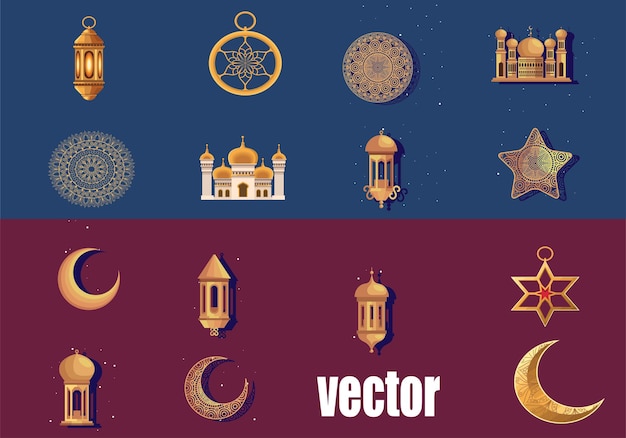 Ramadan Kareem set van ontwerpen of uitnodigingen ontwerp met islamitische lantaarns sterren en maan op goud