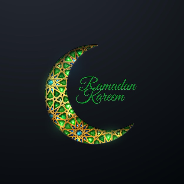 Ramadan kareem sign and paper cut crescent moon with tradition arabic pattern and gems