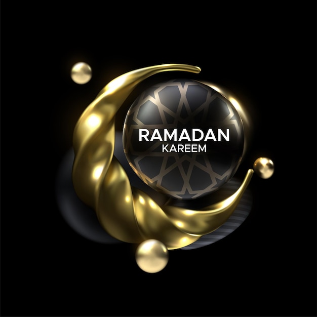 Знак рамадан карим с черными и золотыми пузырями и полумесяцем