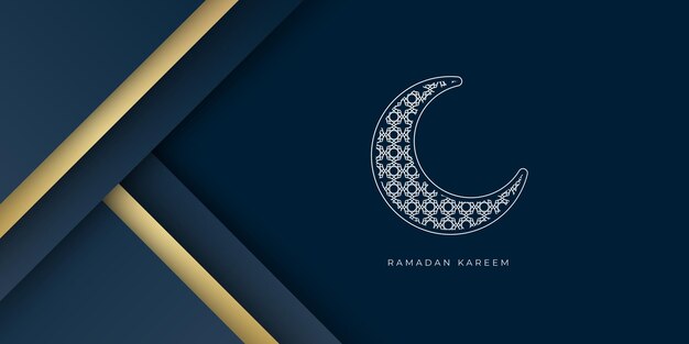 Ramadan Kareem-sjabloon voor spandoek met wassende maan en gouden lijndecoratie.