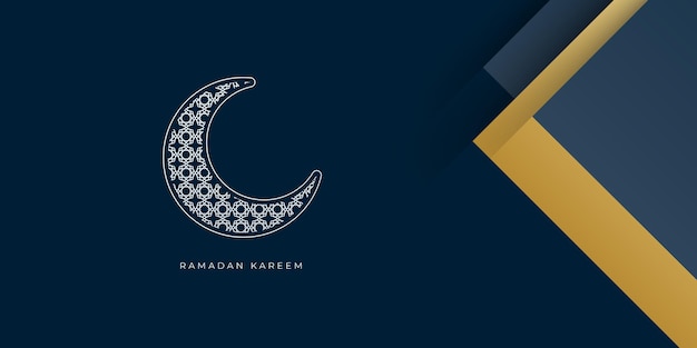 Ramadan kareem-sjabloon voor spandoek met wassende maan en gouden lijndecoratie.