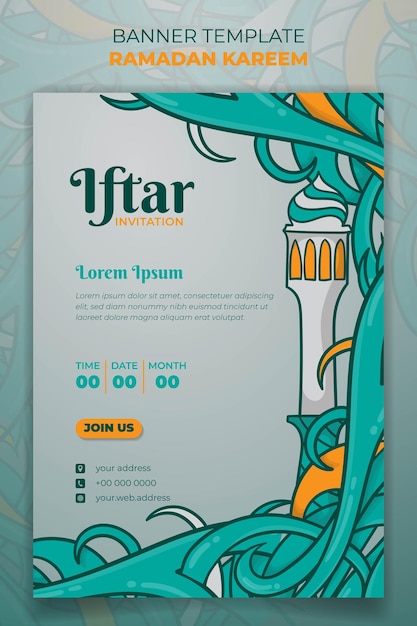 Ramadan kareem sjabloonontwerp met minaret en gras in groene achtergrondontwerp