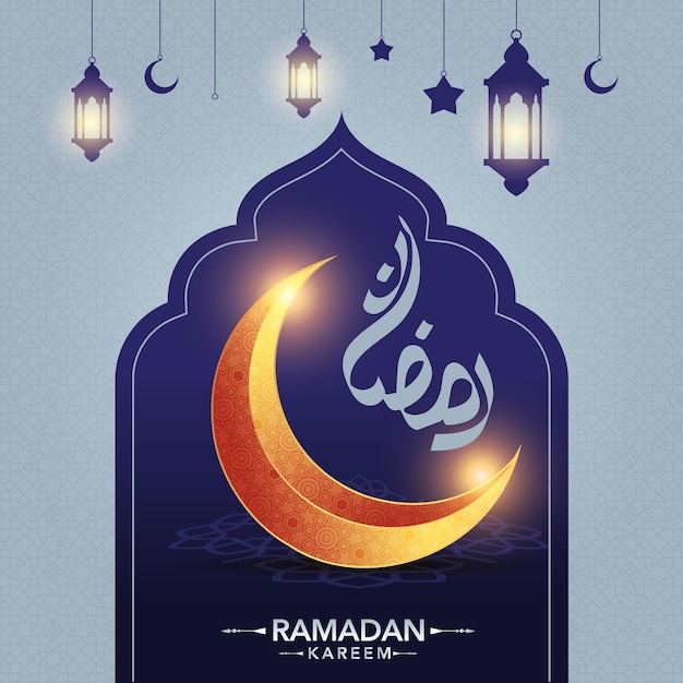 Modello di banner per social media ramadan kareem con mezzaluna e lanterne islamiche