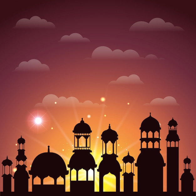 Vector ramadan kareem stadsgezicht silhouet scène