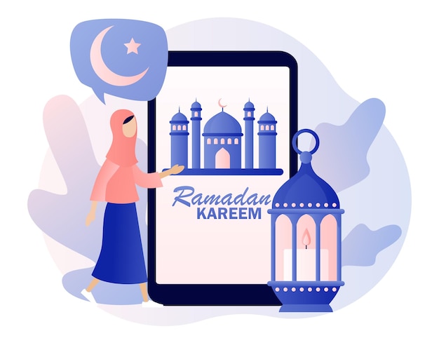 Ramadan kareem-tekst op smartphonescherm kleine vrouw begroet op eid mubarak vakantie heilige maand