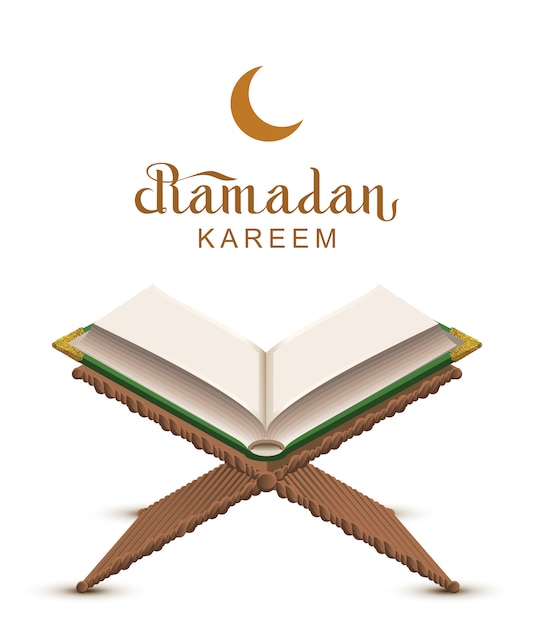 Vector ramadan kareem text and open book koran