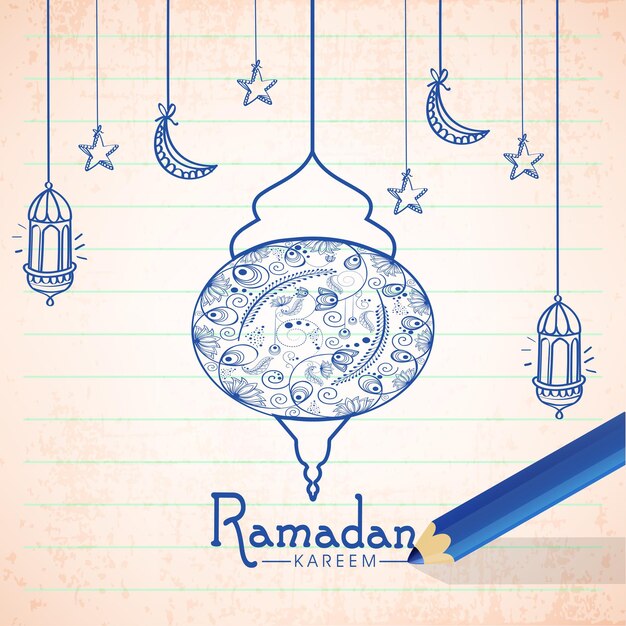 Ramadan Kareem Text Written By Colour Pencil With Doodle Style Arabic Lanterns Crescent Moon Stars Hang Decorated Retro Stripe Page Background