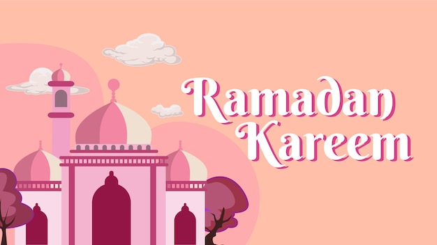 Ramadan kareem-typografietekst met moskeeachtergrond voor moslimfeestgroet