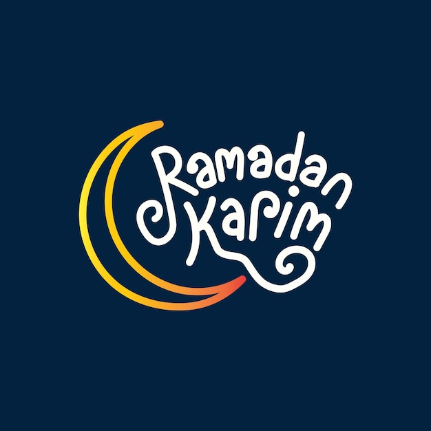 Ramadan Kareem typography logo with a crescent moon vector illustration on a blue background