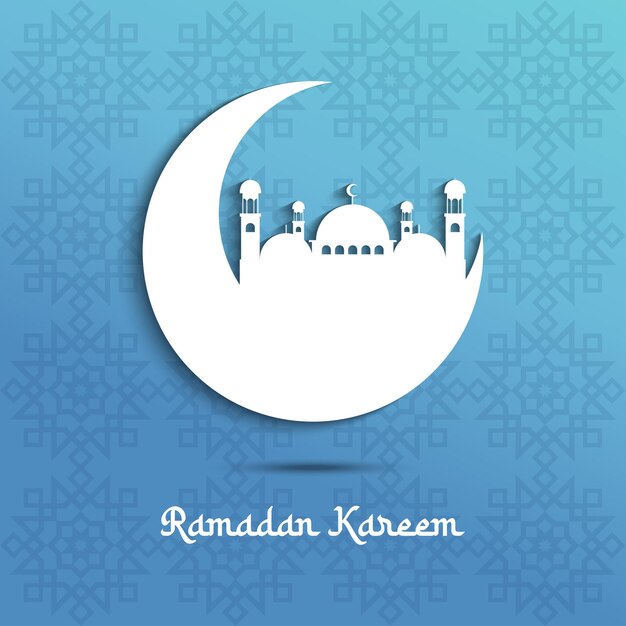 Arte vettoriale Ramadan Kareem su blu con motivo islamico luna e moschea