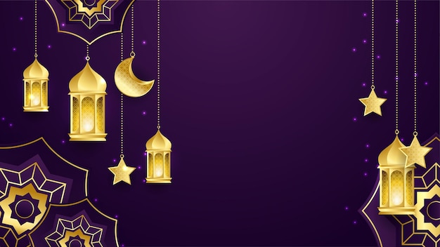 Carta vettoriale ramadan kareem con mezzaluna in metallo dorato 3d e stelle arco in stile arabo in colore viola con motivo tradizionale