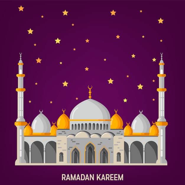 Ramadan kareem vector greeting card layout with mosque, minarets, arabic shining lamps, and ornamental decor.