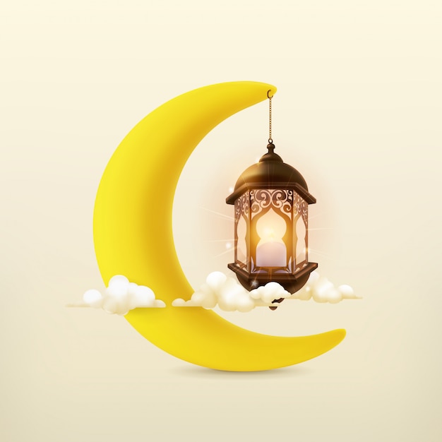 Ramadan kareem, cartolina d'auguri di vettore con la luna e la lampada