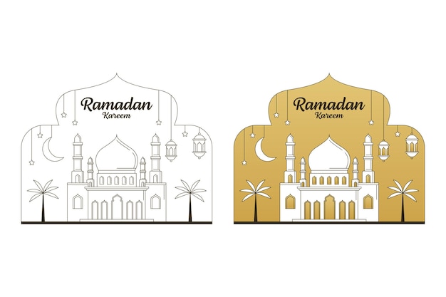 Ramadan kareem vector illustratie monoline of lijn kunststijl moskee lantaarn maan