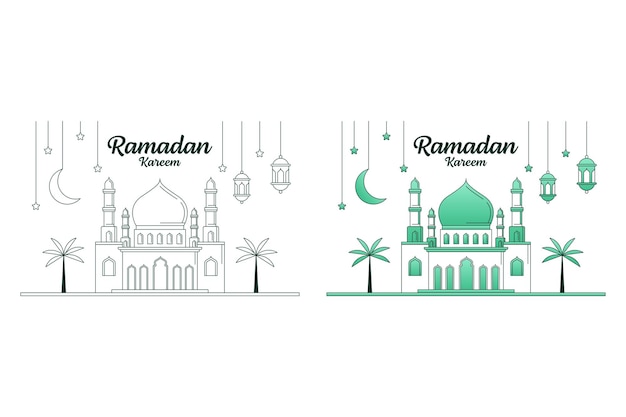 Ramadan kareem vector illustratie monoline of lijn kunststijl moskee lantaarn maan