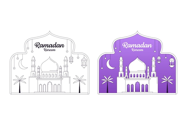 Рамадан карим векторная иллюстрация монолин или линейный стиль мечети фонарь луна
