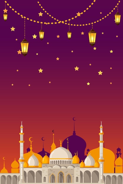 Ramadan kareem vector wenskaart lay-out met moskee, minaretten, arabische glanzende lampen en sier decor. islamitische achtergrond goed voor verhalen.