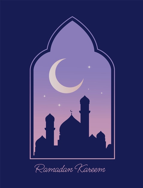 Ramadan kareem vectorillustratie Moskee silhouet nacht Arabische stad en halve maan achtergrond