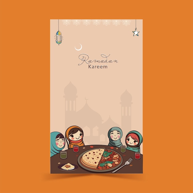 Vettore ramadan kareem vertical banner design con allegre ragazze musulmane che gustano deliziosi pasti al tavolo da pranzo