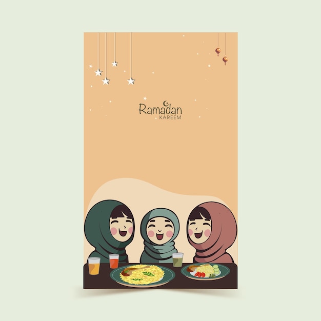 Ramadan Kareem Vertical Banner Design With Cheerful Muslim Girls Characters In Front of Delicious Foods On Peach Background