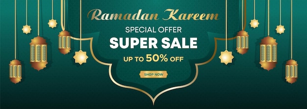 ramadan kareem web background super sale banner islamic template with podium for display of product