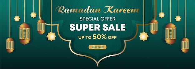 Vector ramadan kareem web background super sale banner islamic template with podium for display of product