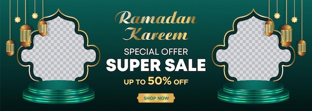 Ramadan Kareem Web Background Super Sale Banner Islamitische sjabloon met podium voor het weergeven van het product