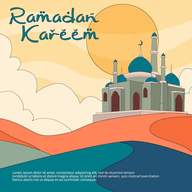 Ramadan kareem wenskaart met hand getekende platte cartoon design premium vector