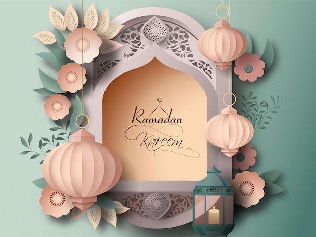 Ramadan Kareem-wenskaart met kerstballen in papierstijl Hang verlichte lamp op bloemen versierde achtergrond