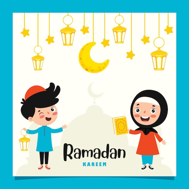 Ramadan Kareem-wenskaart met kinderen, lampen en wassende maan