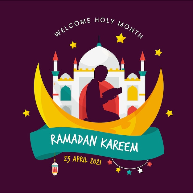 Ramadan kareem wenskaart met moskee en silhouet man bidden