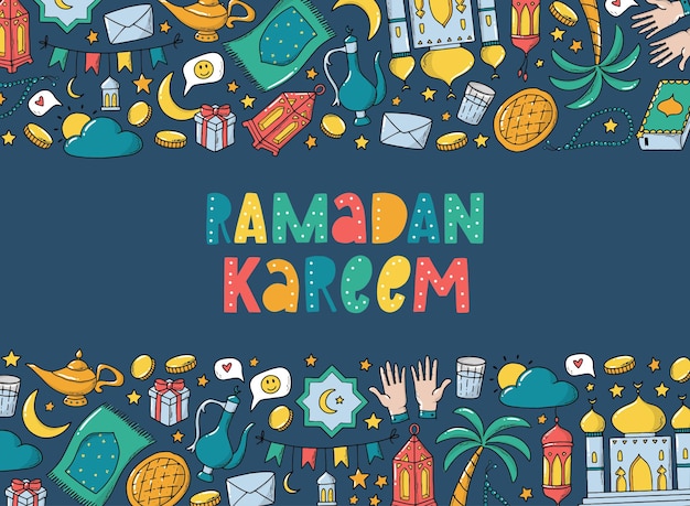 Ramadan kareem wenskaart poster print met randen van doodles