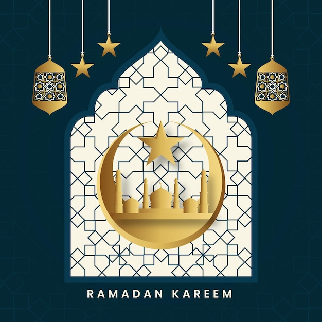 Ramadan kareem-wenskaartsjabloon met lantaarns en wassende maan