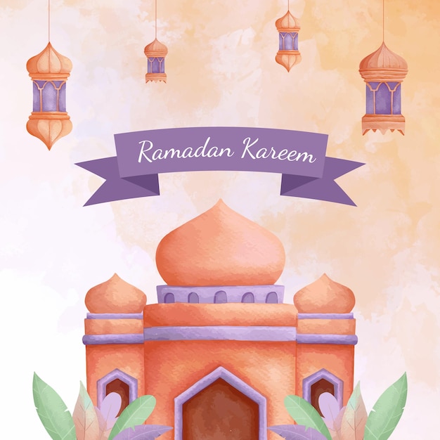 Ramadan kareem con la moschea e l'illustrazione dell'acquerello della lanterna islamica