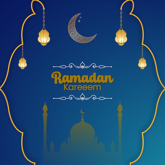 Ramadan Kareem Wishing Design met maan of ster en lampen blauw kleurverloop vectorbestand