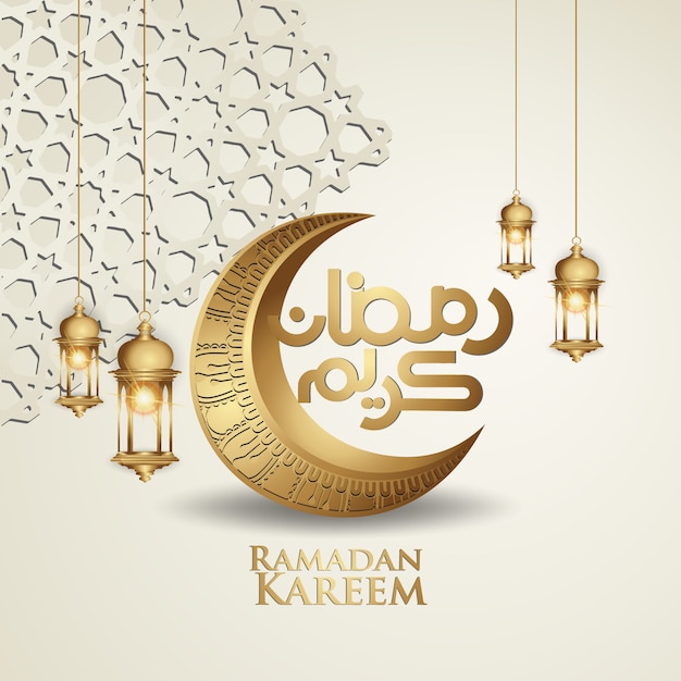 Рамадан Карим с арабской каллиграфией, традиционный фонарь и исламские декоративные красочные детали мозаики для исламского приветствия.