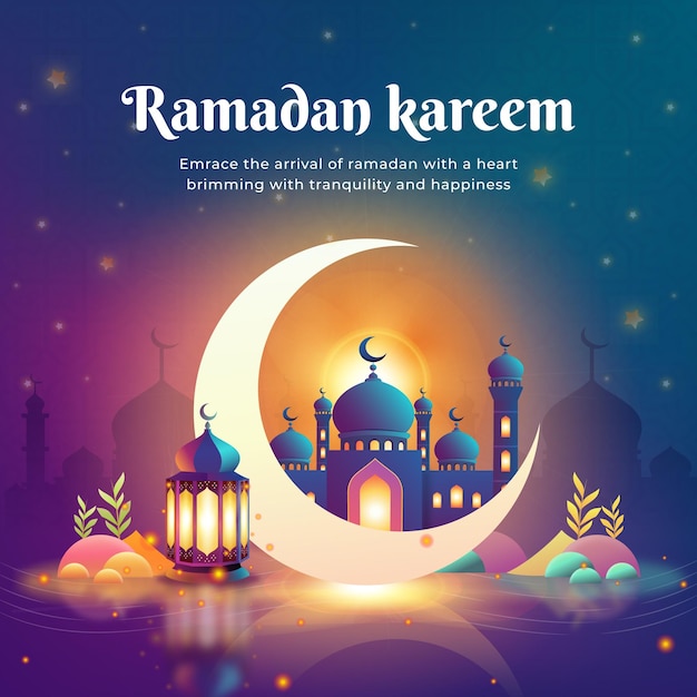 Ramadan Kareem with Beautiful Crescent and Lantern Instagram Post Illustration Design Template
