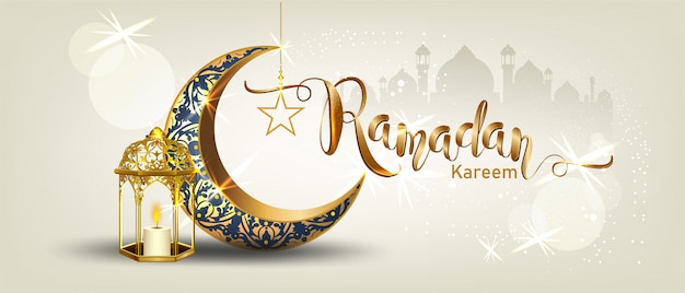 Ramadan Kareem with crescent moon gold luxurious crescent,template islamic ornate  element for  ,  3D style