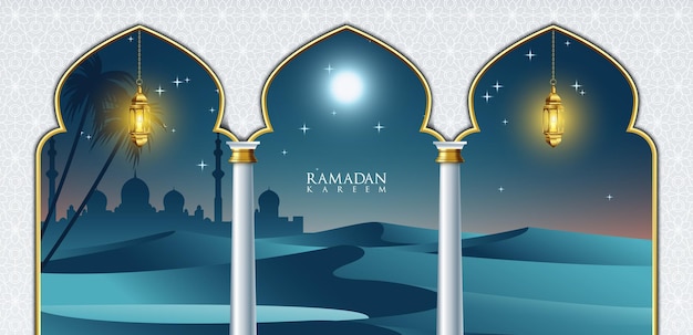 Ramadan kareem con il deserto di notte illustrazione sullo sfondo